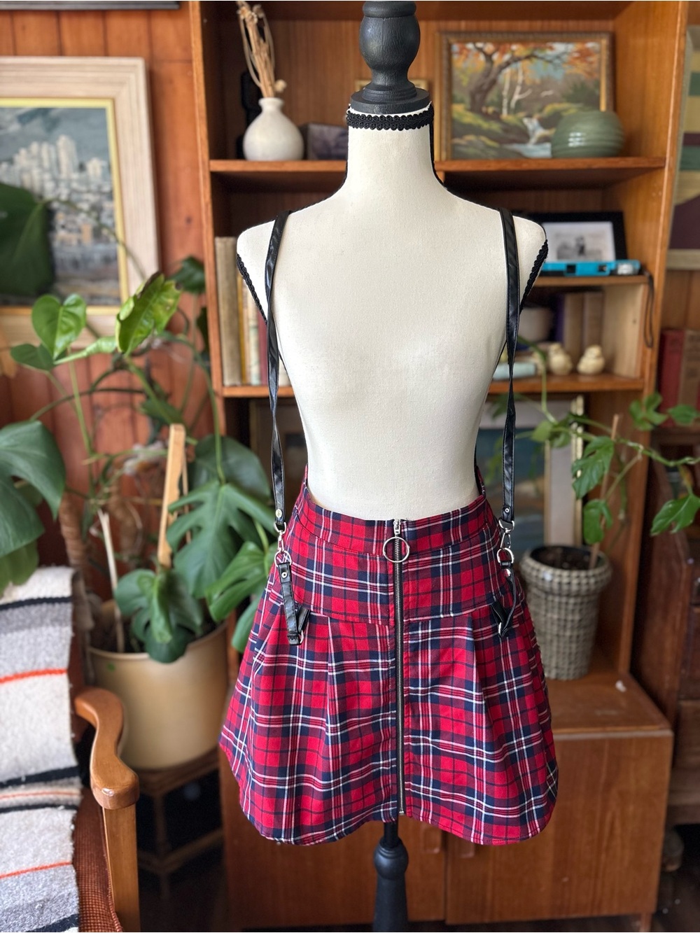GOTH PUNK GRUNGE Red Plaid Suspender Pleated Cotton Mini Skirt O-Ring Zipper M - Picture 2 of 6
